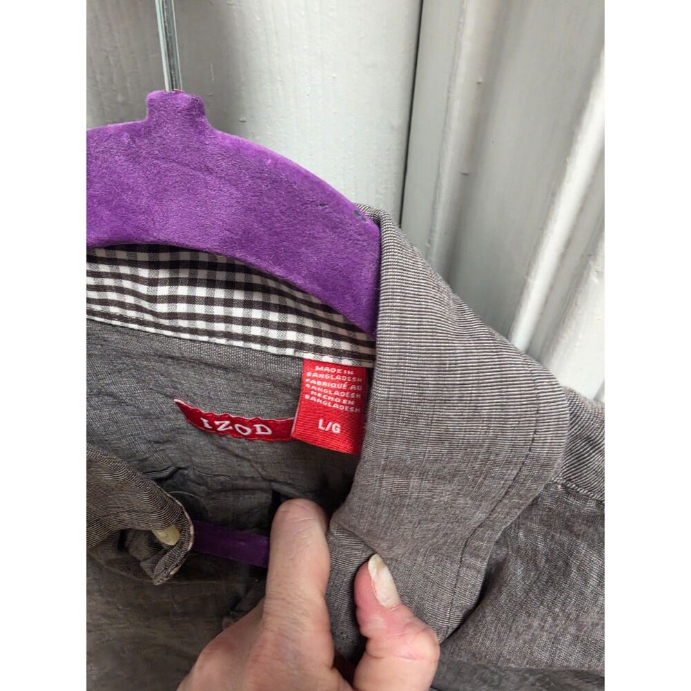 IZOD Men's Large Long Sleeve Button Down Shirt Charcoal Grey Chambray L